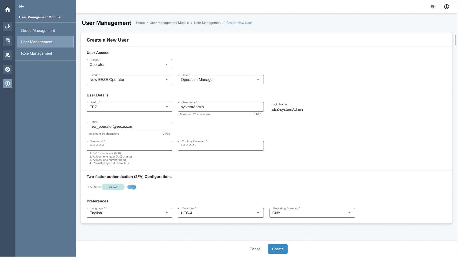 User Management screen